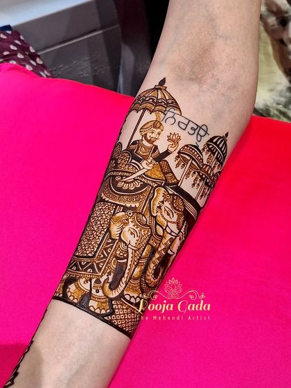 A close-up of a royal baraat scene, with the groom on an elephant, rendered in stunning detail for a Punjabi bride's mehendi.