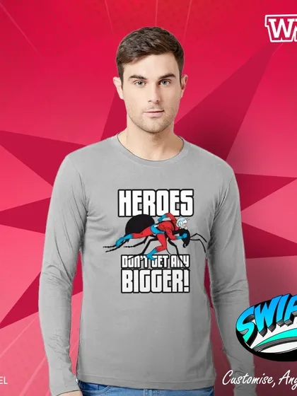 "Heroes Don't Get Any Bigger!" An official Marvel Ant-Man full-sleeve t-shirt, perfect for the release of a new movie.