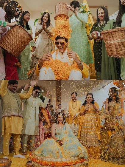 A collage of the haldi ceremony, where the groom and then the bride are showered with flower petals by their friends and family. A true picture of joyous celebration.