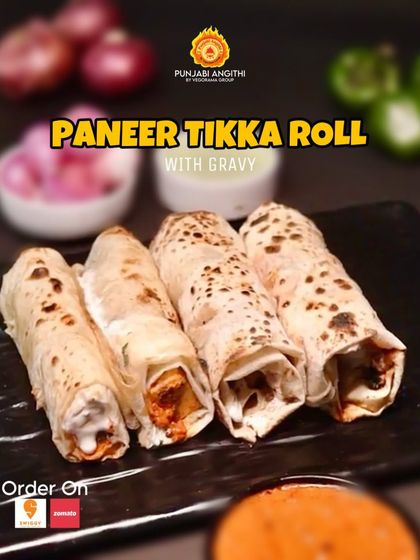 A quick and delicious meal, our Paneer Tikka Roll is stuffed with smoky grilled paneer and served with a side of gravy for extra flavour.