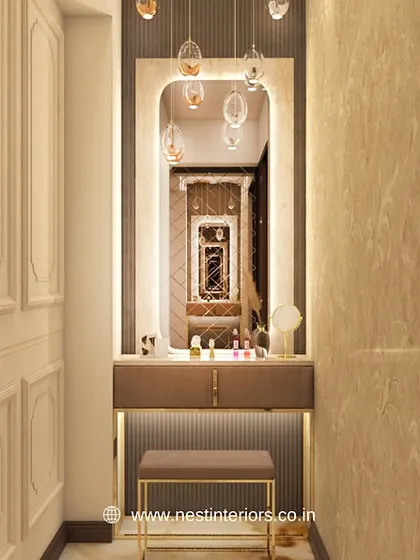 Even smaller spaces like a vanity or trial area are given full attention. This 3D concept shows a personal vanity station with integrated mirror lighting, elegant pendant lights, and premium finishes, providing a private and luxurious space for clients.