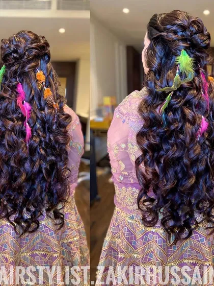 A dual-angle view of the half-up style with colorful feathers, showing its playful and festive nature.