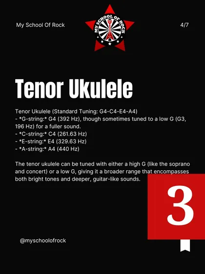 The Tenor Ukulele has a broader range and can be tuned with a high or low G, giving it both bright tones and deeper, guitar-like sounds.