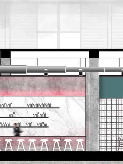 A detailed section view of the bar area at CHAMPON restaurant. This drawing specifies material finishes like the marble backsplash and defines the precise arrangement of shelving and seating.