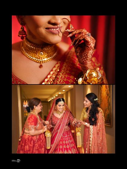 A collage showing a close-up of the bride's nath and a heartwarming moment of her walking with her mother and sister.