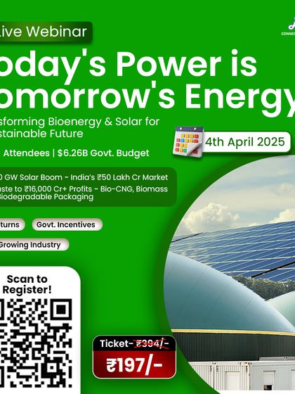 A visually appealing ad for our webinar on Bioenergy and Solar, this graphic uses a collage of a solar farm and a biogas plant. It promotes the event as a guide to unlocking returns in the fast-growing renewable sector.