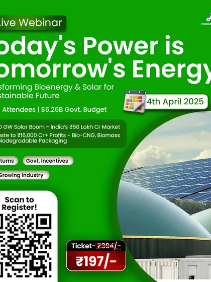 A visually appealing ad for our webinar on Bioenergy and Solar, this graphic uses a collage of a solar farm and a biogas plant. It promotes the event as a guide to unlocking returns in the fast-growing renewable sector.