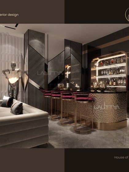 A graphic showcasing a contemporary and moody bar design, representing one of the many interior styles we can create for our clients.