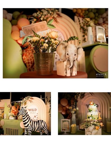 More detailed shots from our 'Wild One' safari party, including a close-up of a baby elephant prop, a wide view of the zebra and dessert cart, and the themed birthday cake.