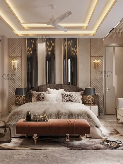 A touch of tranquility. This bedroom design uses a soft, neutral palette, with a statement art piece and a beautifully detailed headboard wall featuring mirrors and textured panels, creating a serene and luxurious retreat.