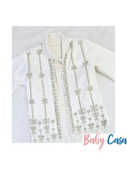 A closer view of our ethnic jumpsuit with its detachable embroidered jacket, showcasing the versatility of our designs.