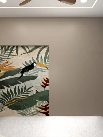 A bedroom render featuring a tropical bird and leaf mural.