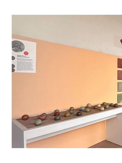 Our exhibit at the IAADB, where we showcased three installations combining art and architecture: a tensile mud structure, Tadelakt lime plaster spheres, and an artistic arrangement of Tadelakt tiles.