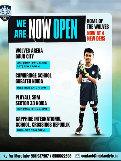We are expanding across Noida and Greater Noida to bring top-tier football coaching closer to you. This graphic shows our four newest training centers with their respective schedules, making it easier for you to join the wolfpack.