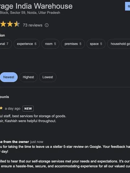 A 5-star review from a client in Noida, Uttar Pradesh, mentioning our helpful staff and best-in-class service for storing goods. We are proud to serve businesses across multiple locations with the same high standards.