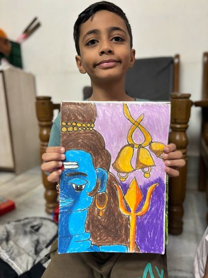 Another powerful depiction of Lord Shiva by a 3rd-grade student, showcasing a different style and colour palette. Each student's interpretation is unique and celebrated.