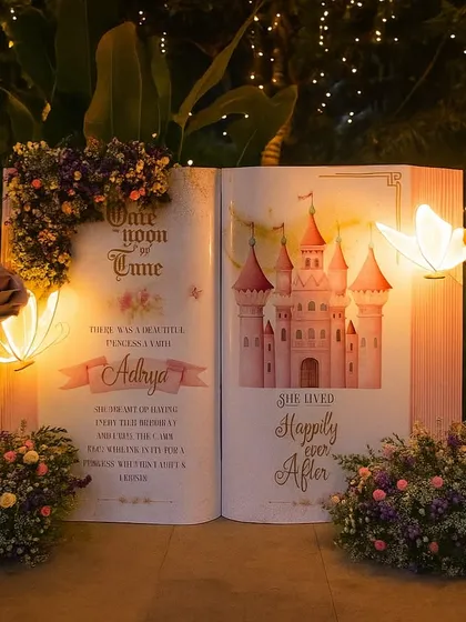 The story begins here. This giant, illuminated storybook was a custom-made entrance piece for a princess party, setting a magical tone from the moment guests arrived. These personalized details are what make your child's party truly unique.