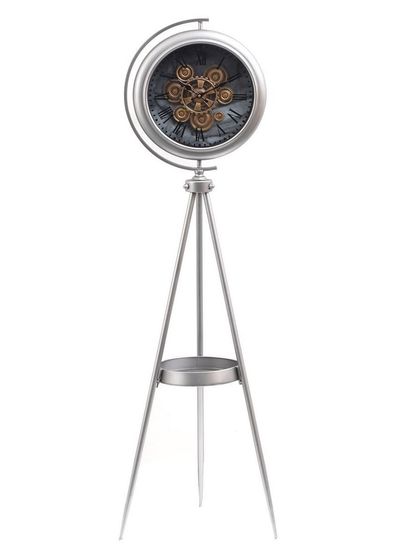 A clean product shot of our silver tripod clock, showcasing its sleek design and high-quality steel construction. It's a perfect blend of industrial and classic aesthetics.