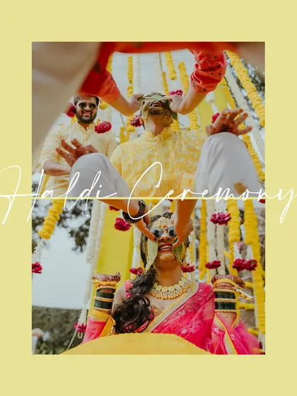 A creative split-screen shot of the bride and groom getting turmeric applied during their Haldi ceremony.