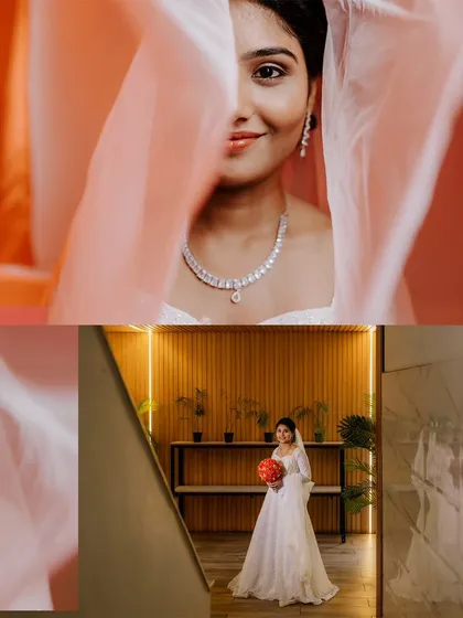 A creative diptych of the bride, with a close-up shot through her veil and a full-length portrait.