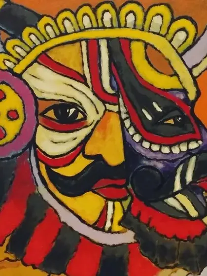 A glimpse of a vibrant and abstract Yakshagana mask mural. This piece uses bold colors and strong lines to deconstruct and celebrate the iconic folk theater art of coastal Karnataka, offering a modern take on a traditional subject.