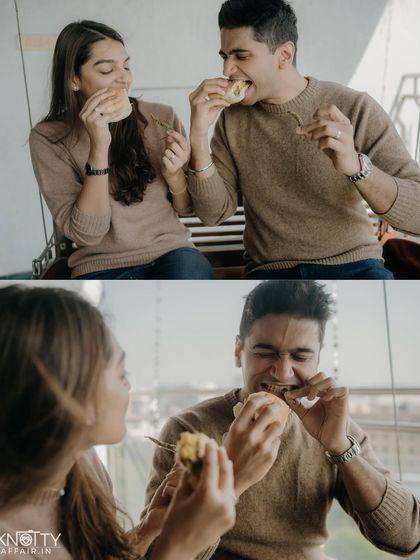 Sharing food and laughter. These unposed, real-life moments are often the most cherished memories from a pre-wedding shoot.