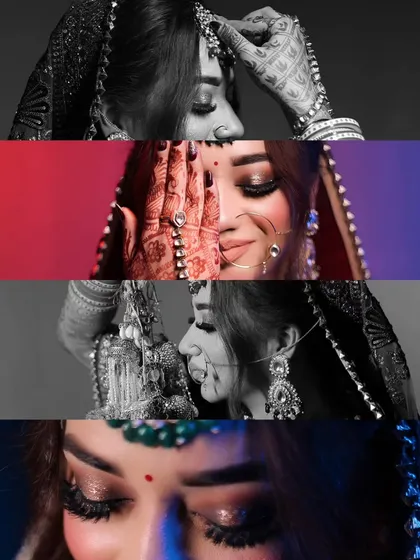 This collage focuses on the intricate details of the bride's look. From her eye makeup to her henna-adorned hands, each panel tells a part of her bridal story.