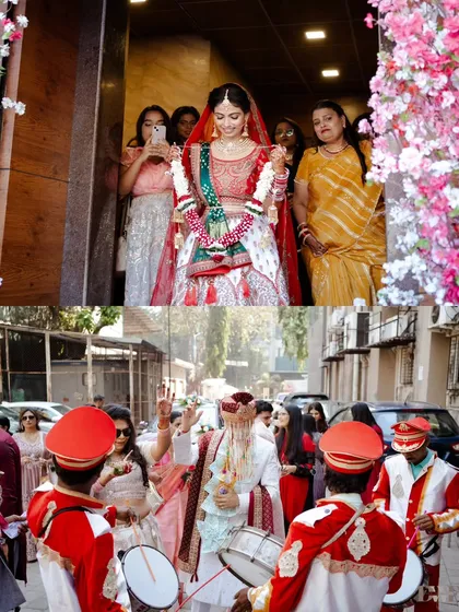 A collage showing the bride's entry and the groom's energetic baraat, complete with a marching band. It captures the excitement from both sides.