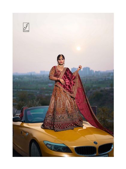 A vertical composition that emphasizes the height and drama of the scene, from the car's front to the model's elegant posture.
