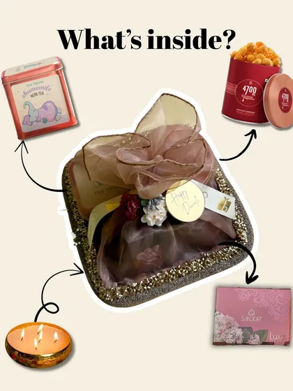 Here’s a breakdown of what goes into our popular Diwali hampers. We combine items like artisanal tea, gourmet popcorn, luxury soaps, and scented candles to create a gift that truly impresses.