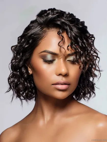 A stunning beauty portrait focusing on hair and makeup. The soft curls and shimmering eyeshadow are the heroes of this shot, demonstrating our skill in detailed beauty photography.