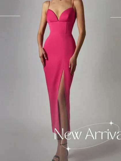 A full-length view of the Candy Pink dress, showing off its body-hugging fit and modern midi length.