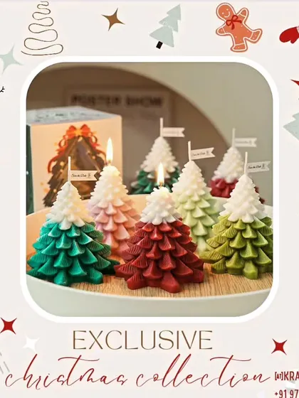 My exclusive Christmas collection includes these beautiful, hand-poured soy wax candles shaped like Christmas trees. They come in various colors and are perfect for festive decor.
