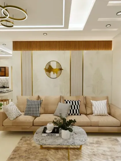 An expansive living room designed for luxury and comfort. The space includes a plush beige sofa, a modern indoor swing, and a dining area, all unified by a sophisticated color palette and elegant lighting.