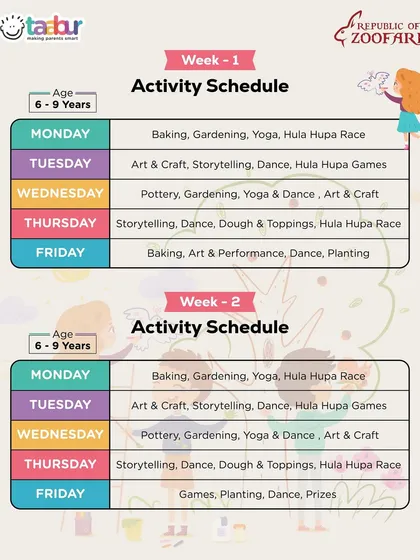 The weekly activity schedule for the older group (6-9 years) at the Zoofari Summer Camp, with activities like pottery, storytelling, and dance.