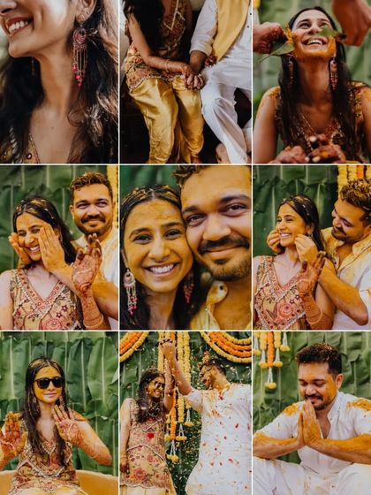 A grid of pure joy from Shaurya and Deeksha's Haldi, showing all the smiles, playful moments, and colorful chaos.