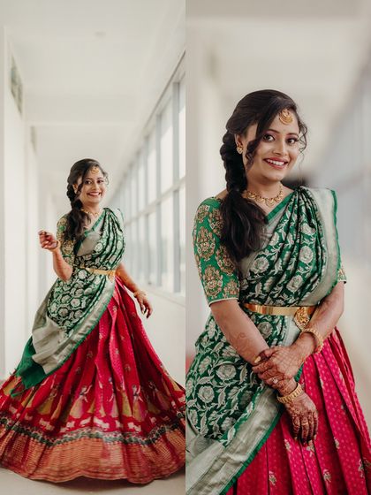 A collage of a bride in a green and red half-saree, showcasing her traditional and joyful look.