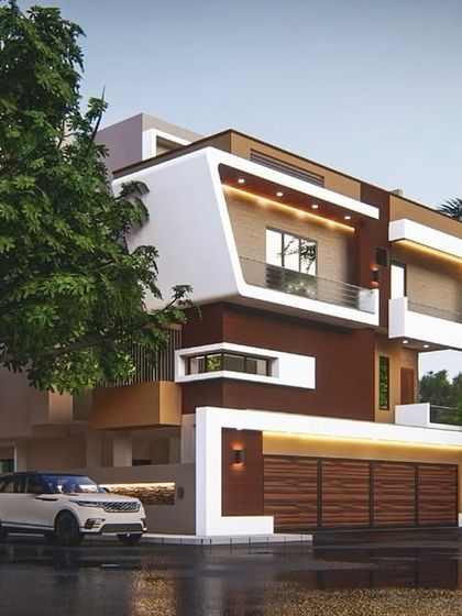 A 3D render of a modern villa with bold, angular white frames contrasting with warm brown tones. The design includes a large integrated garage and strategically placed windows to maximize natural light.