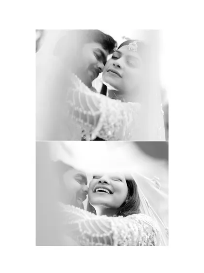 An artistic black and white collage, with the couple seen through a soft, translucent veil. This creates a dreamy, ethereal, and intimate effect.