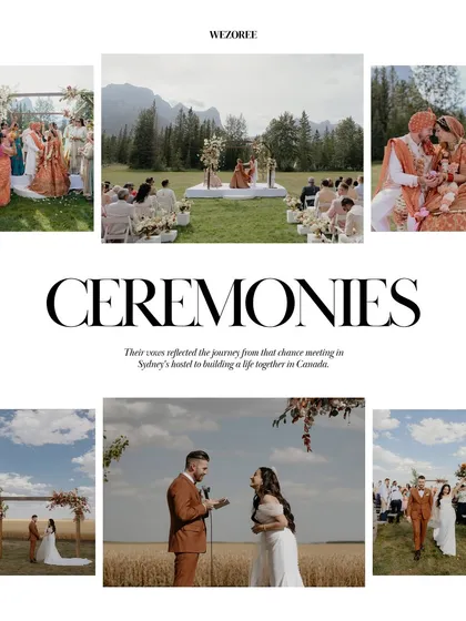 A feature page from Wezoree titled 'Ceremonies', showing the two distinct wedding ceremonies of Naina and Ryan. It beautifully illustrates their journey from a chance meeting to building a life together in Canada.