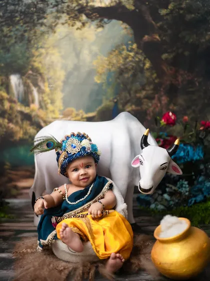 A sweet smile from our baby Krishna. These sessions are filled with joy as we capture the playful and innocent spirit of the beloved deity.
