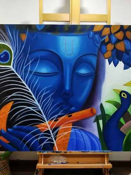 This large Krishna painting is one of my favorites, created to be a magical centerpiece. I love working on expansive canvases, using vibrant blues and intricate details like the peacock feather to bring a sense of divine peace to a space.