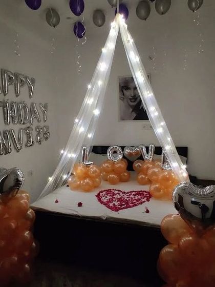 The full romantic bedroom setup, perfect for a birthday or anniversary surprise.
