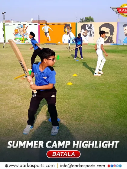A young batsman at our summer camp, ready to play a shot. We teach them to be confident and expressive with their batting.