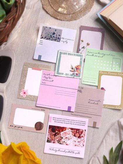 A variety of tags and note cards from the Picnic kit, perfect for jotting down thoughts or adding layers to your journal spreads.