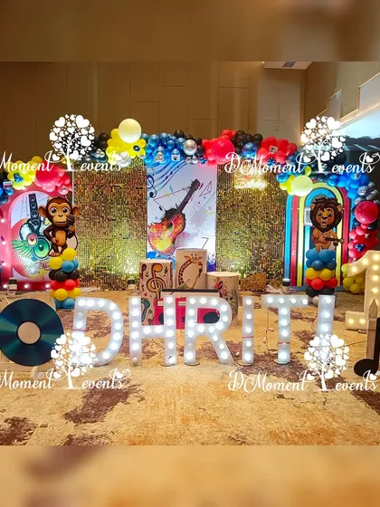 Another angle of the vibrant musical stage, highlighting the playful combination of colors, textures, and themed props.