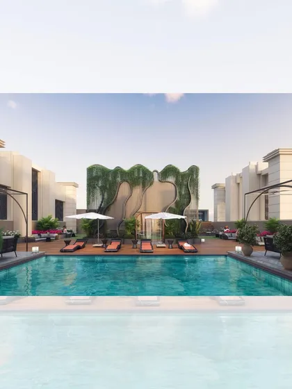 The rooftop pool and lounge area at Crescent Park 9. My goal was to create an exclusive sanctuary above the city, where residents can relax and socialize while enjoying the skyline.