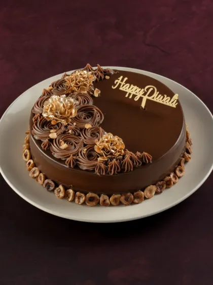 The Hazelnut Divine cake, specially decorated for Diwali. The combination of rich chocolate and roasted hazelnuts is always a crowd pleaser.