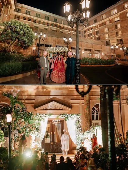 The bride's grand entrance at night, and the groom waiting for her. The dramatic lighting and beautiful decor create a truly cinematic moment.