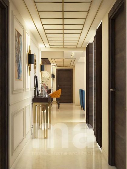 This 3D render shows our design for a long hallway leading into the living area. We use elements like wainscoting, statement lighting, and a sleek console table to make the passage feel like a designed space in its own right.